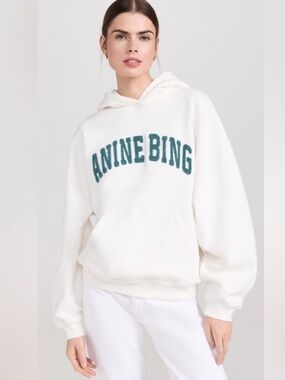 Anine Bing Harvey White/Cream Hoodie with Teal Logo